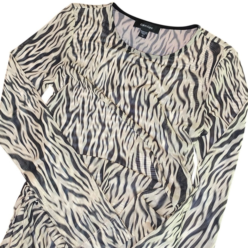 NWT Karen Kane Top Size M Animal Print Sheer Ruche Stretchy Y2K Long Sleeve
